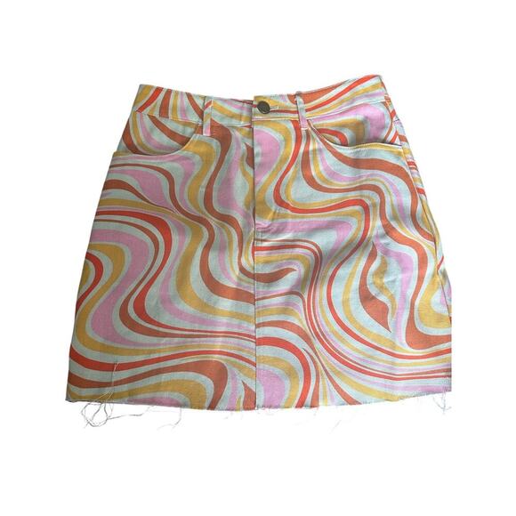 NWOT Pretty Garbage Groovy Swirl  Denim Skirt Outfit Size S - Picture 1 of 6